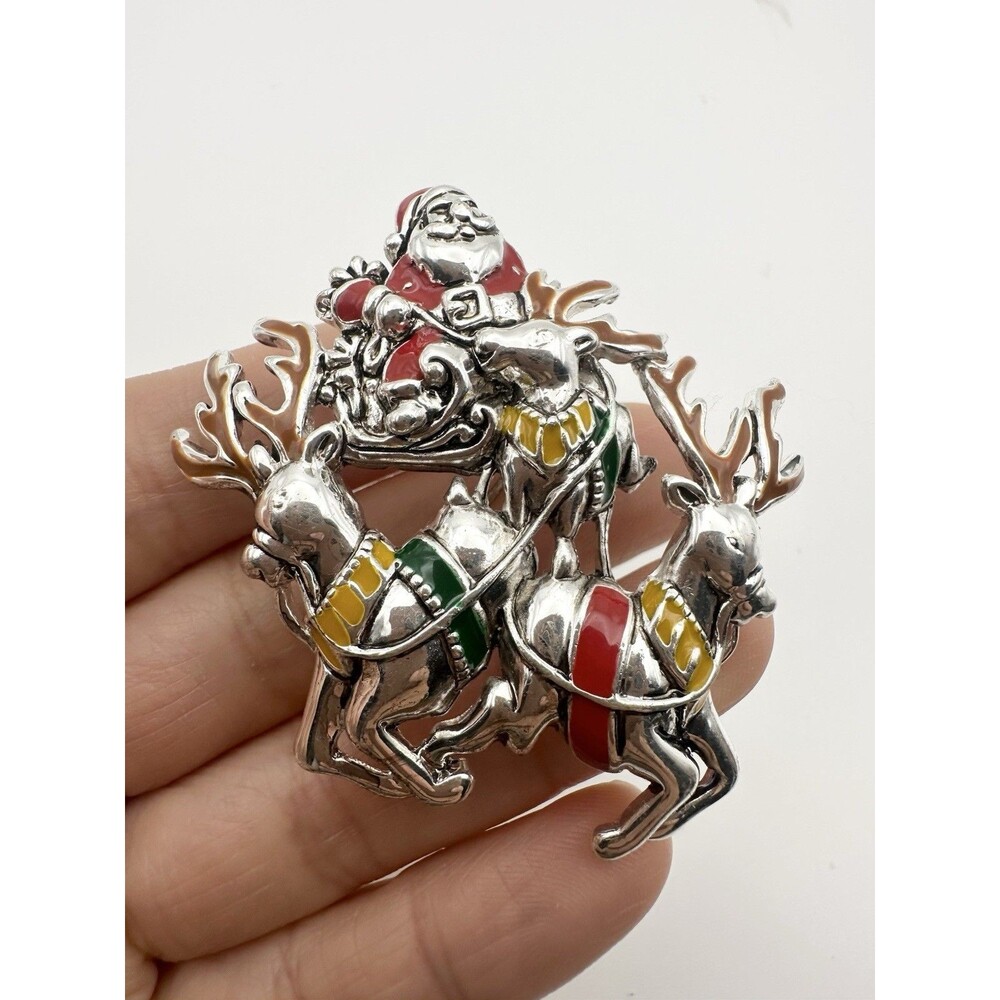 Vintage Christmas Holiday Brooch Pendant Enamel Santa Claus and Two Reindeer